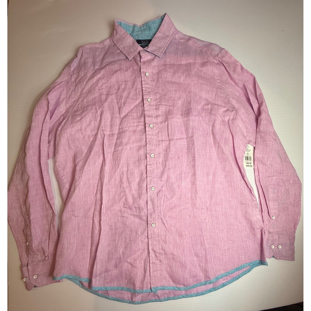 BLUE Saks Fifth Avenue XXL Pink Linen Shirt Mens Slim Fit‎ Long Sleeve Casual